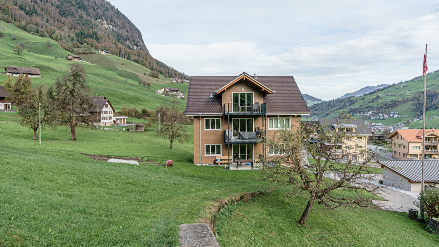 Ersatzneubau mit Satteldach und Balkonen, eingebettet im Landwirtschaftsgebiet mit Bergblick
