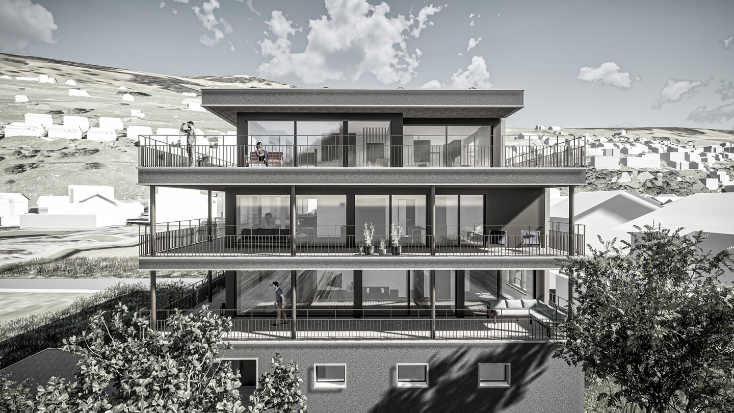 Fassade mit umlaufenden Balkonen und Blick auf das Quartier (Visualisierung)