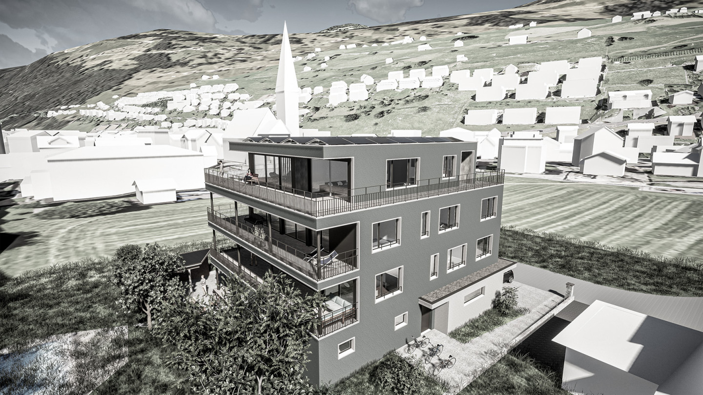 Gebäude mit Attikageschoss, Kirchturm und Bergkulisse im Hintergrund (Visualisierung)